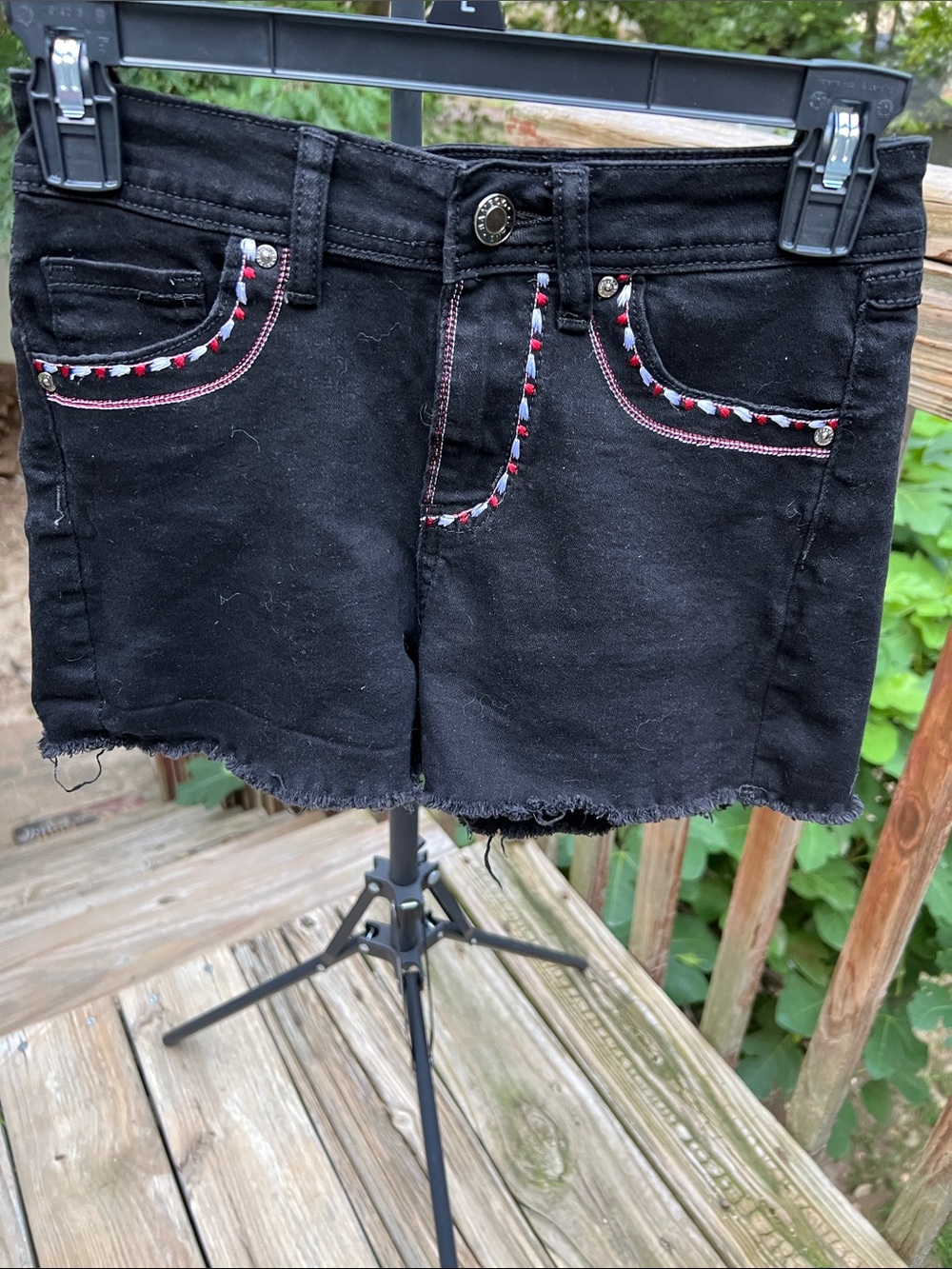 Bamboo Original Denim Black Denim Shorts with Red & White Accent Stitching